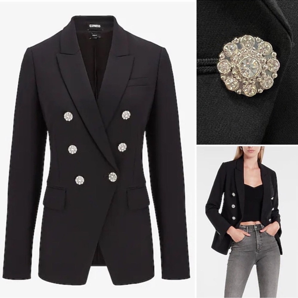 NWT Express L Supersoft Twill Double Breasted Embellished Button Blazer Crystals